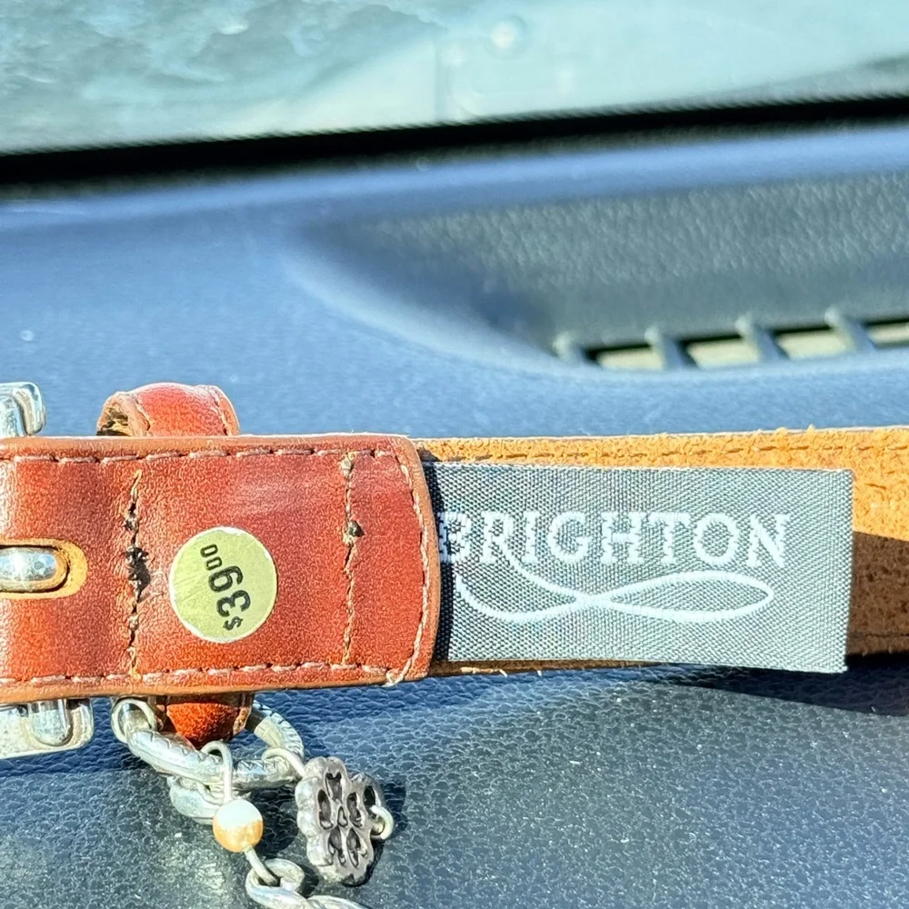 Brighton Brown Leather Belt Silver Buckle Charm Detail Size L 34”